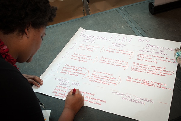 A Forty to None Summit attendee designs the outline for a community plan to prevent LGBTQ youth homelessness.